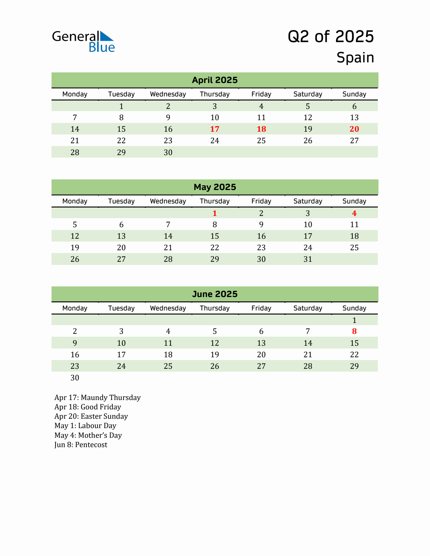 Quarterly Calendar 2025 with Spain Holidays