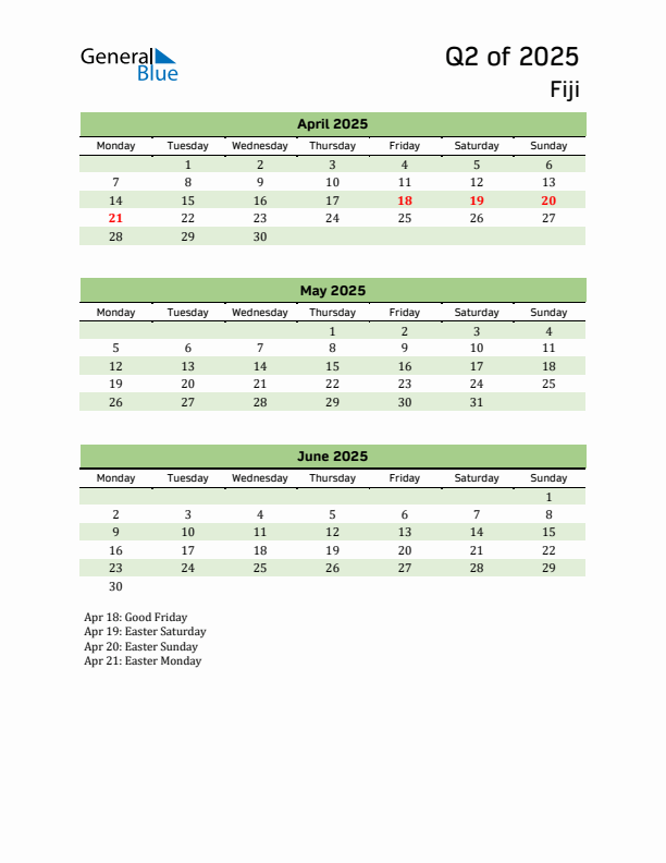 Quarterly Calendar 2025 with Fiji Holidays