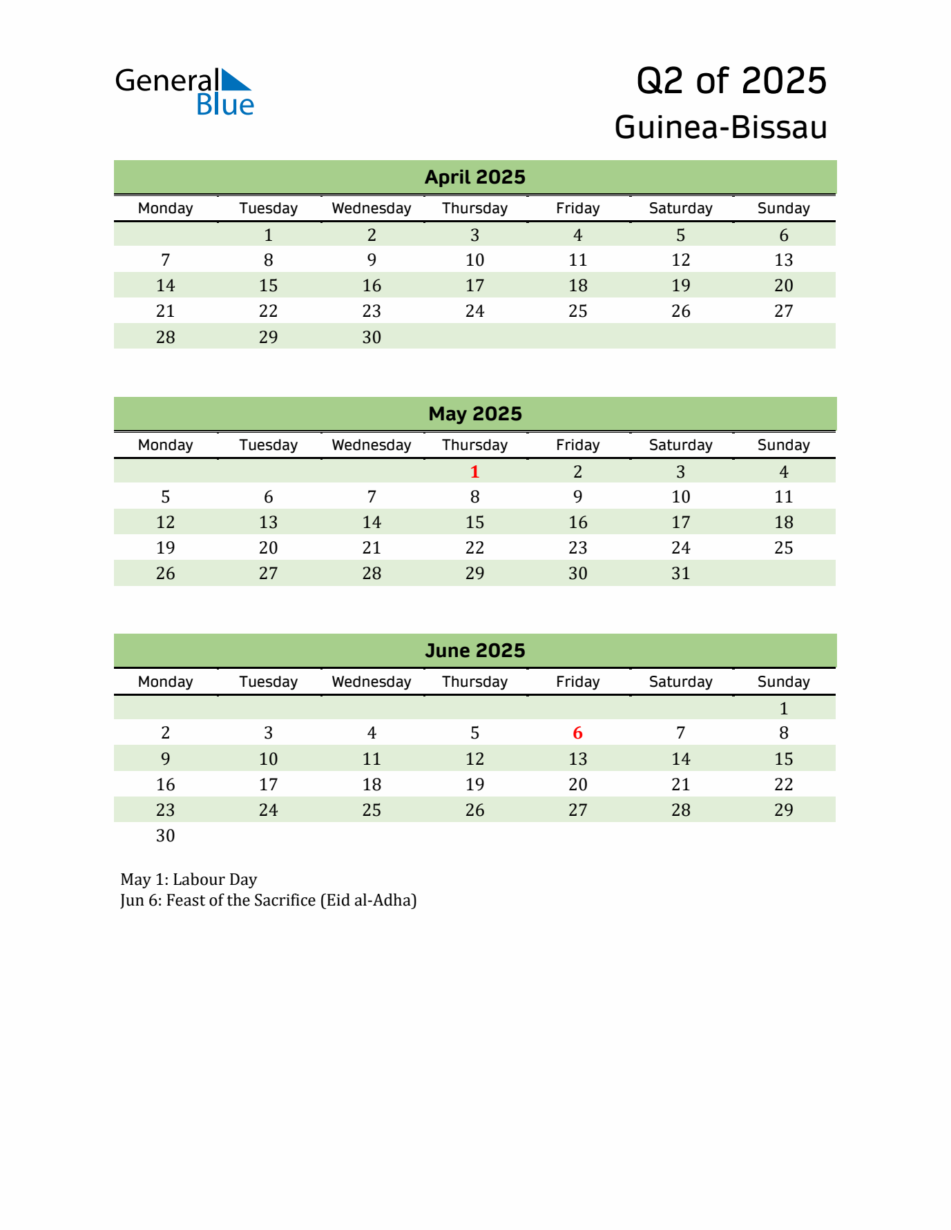 Quarterly Calendar 2025 with Guinea-Bissau Holidays