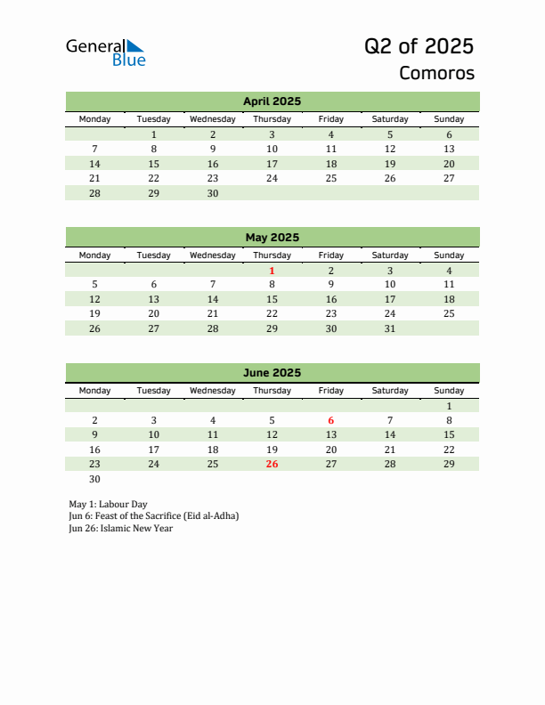 Quarterly Calendar 2025 with Comoros Holidays