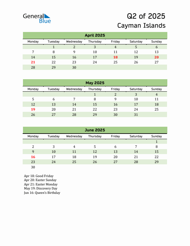 Quarterly Calendar 2025 with Cayman Islands Holidays
