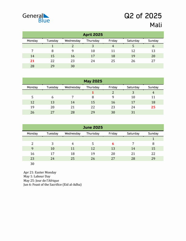 Quarterly Calendar 2025 with Mali Holidays