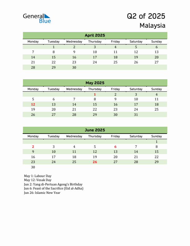Quarterly Calendar 2025 with Malaysia Holidays