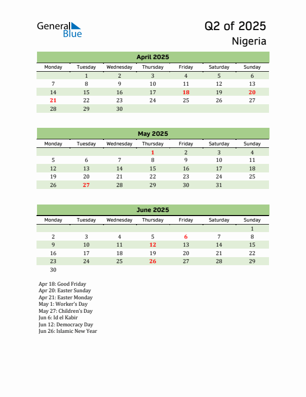 Quarterly Calendar 2025 with Nigeria Holidays