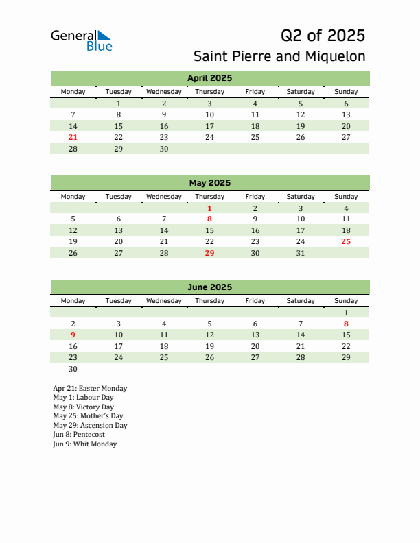 Quarterly Calendar 2025 with Saint Pierre and Miquelon Holidays