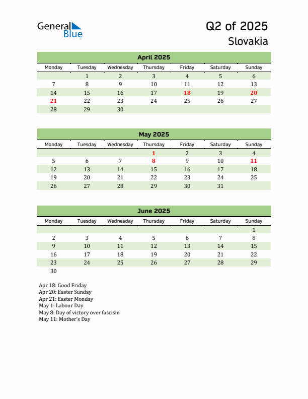 Quarterly Calendar 2025 with Slovakia Holidays