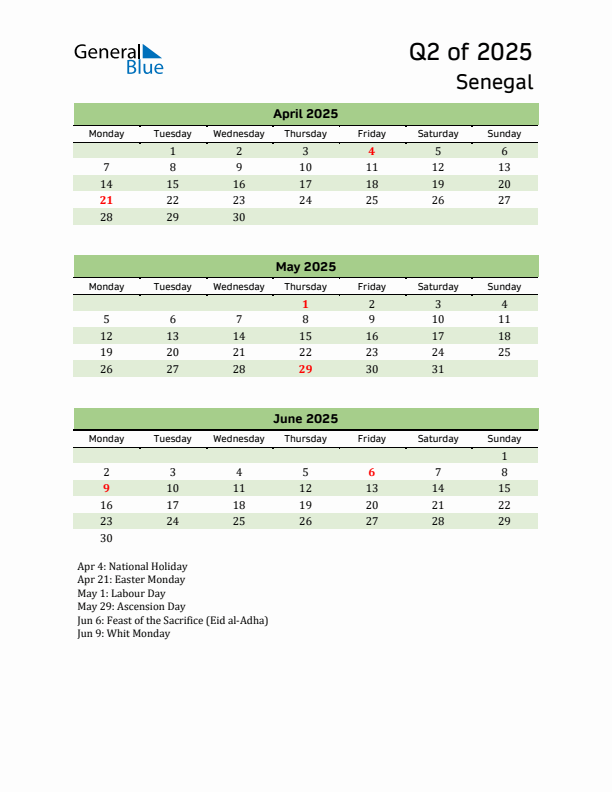 Quarterly Calendar 2025 with Senegal Holidays