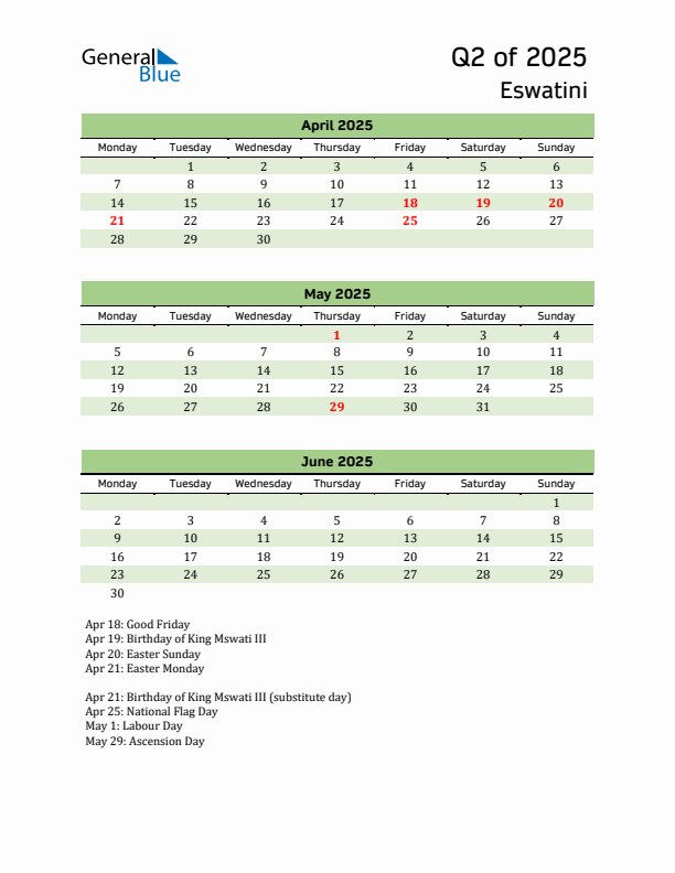 Quarterly Calendar 2025 with Eswatini Holidays