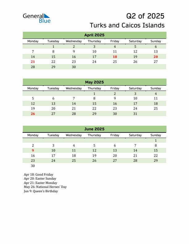 Quarterly Calendar 2025 with Turks and Caicos Islands Holidays