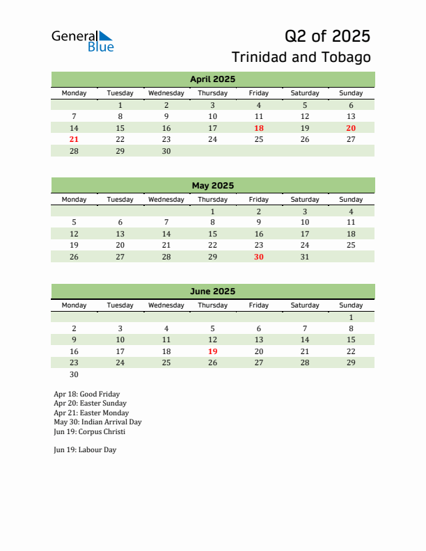Quarterly Calendar 2025 with Trinidad and Tobago Holidays