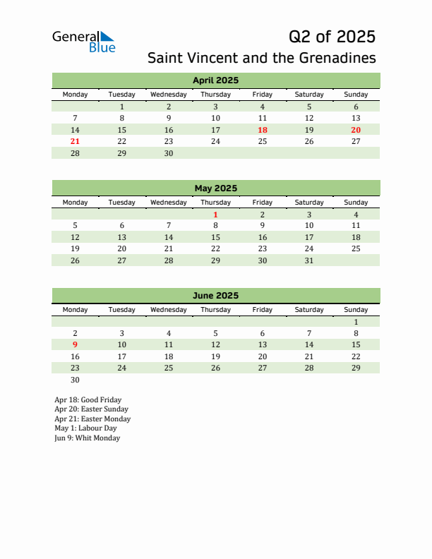 Quarterly Calendar 2025 with Saint Vincent and the Grenadines Holidays