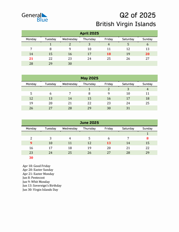 Quarterly Calendar 2025 with British Virgin Islands Holidays