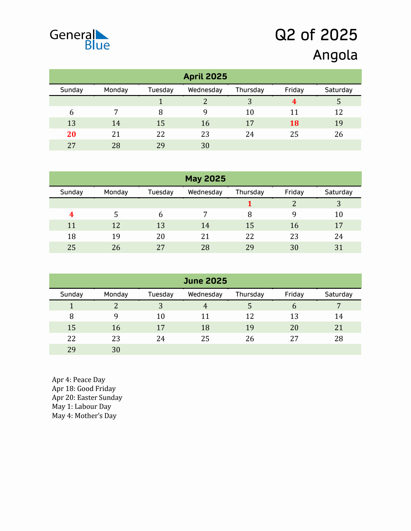 Quarterly Calendar 2025 with Angola Holidays