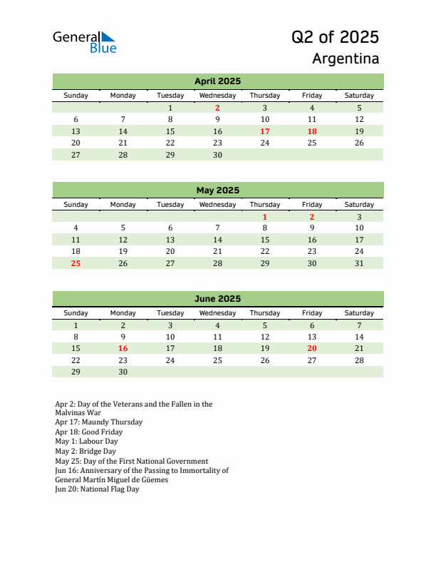 Quarterly Calendar 2025 with Argentina Holidays