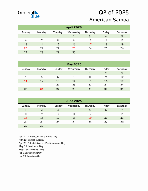 Quarterly Calendar 2025 with American Samoa Holidays