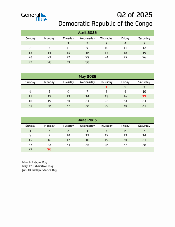 Quarterly Calendar 2025 with Democratic Republic of the Congo Holidays