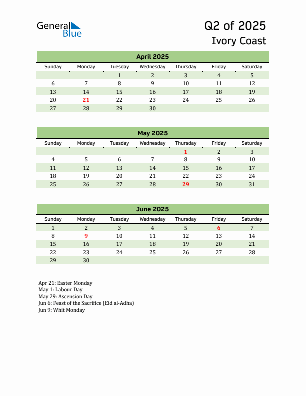 Quarterly Calendar 2025 with Ivory Coast Holidays