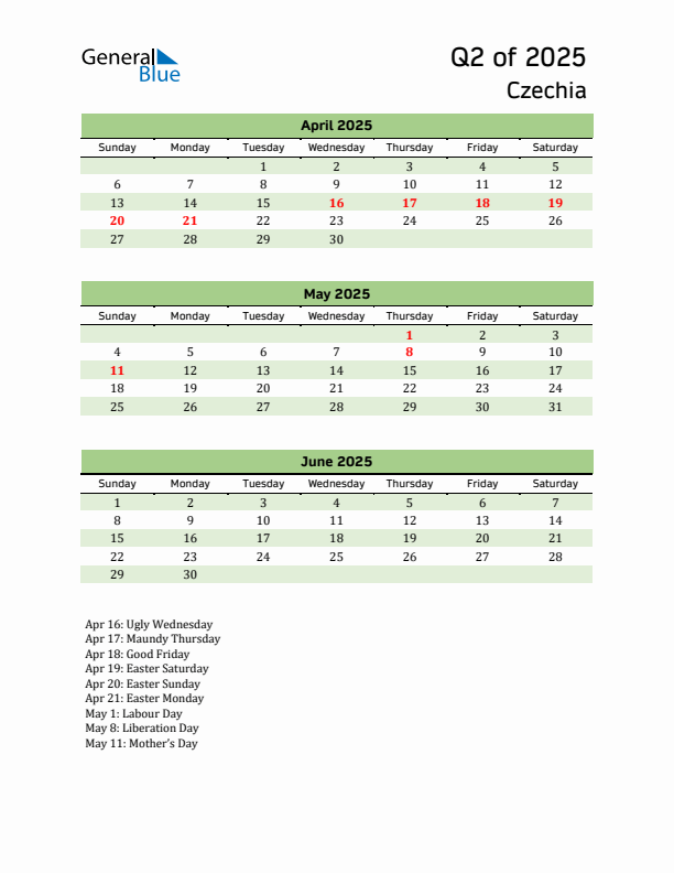 Quarterly Calendar 2025 with Czechia Holidays