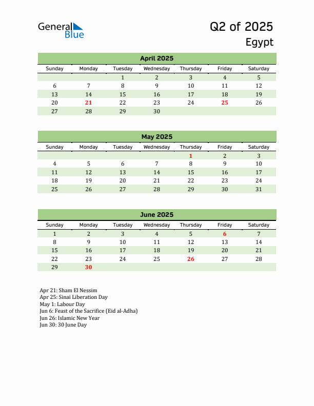 Quarterly Calendar 2025 with Egypt Holidays