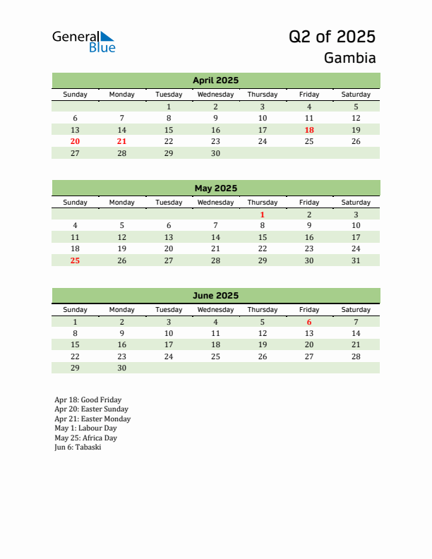 Quarterly Calendar 2025 with Gambia Holidays