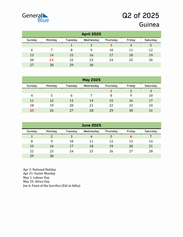 Quarterly Calendar 2025 with Guinea Holidays
