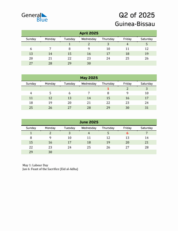 Quarterly Calendar 2025 with Guinea-Bissau Holidays