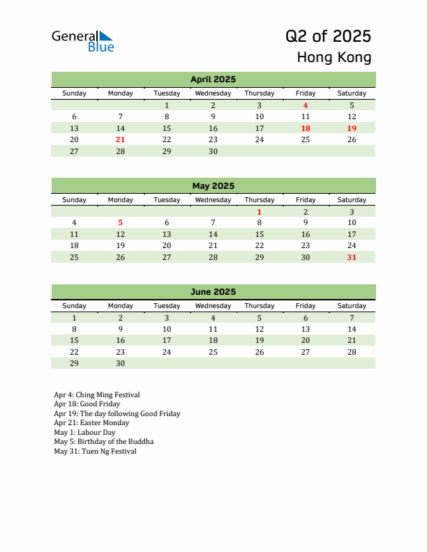 Quarterly Calendar 2025 with Hong Kong Holidays