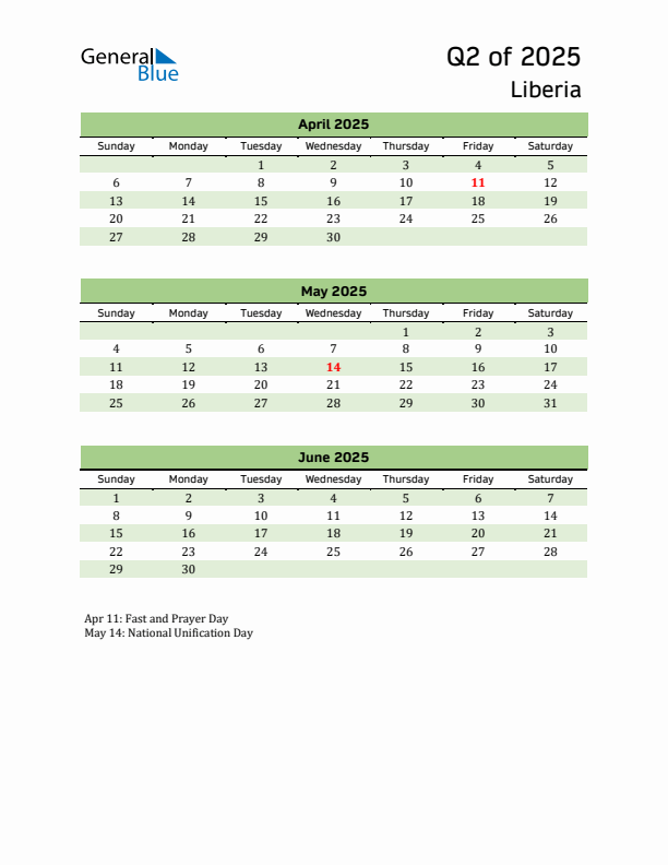 Quarterly Calendar 2025 with Liberia Holidays