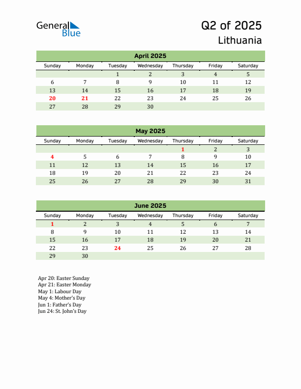 Quarterly Calendar 2025 with Lithuania Holidays