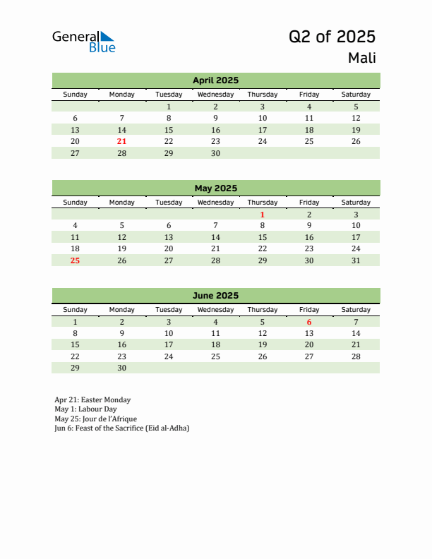 Quarterly Calendar 2025 with Mali Holidays