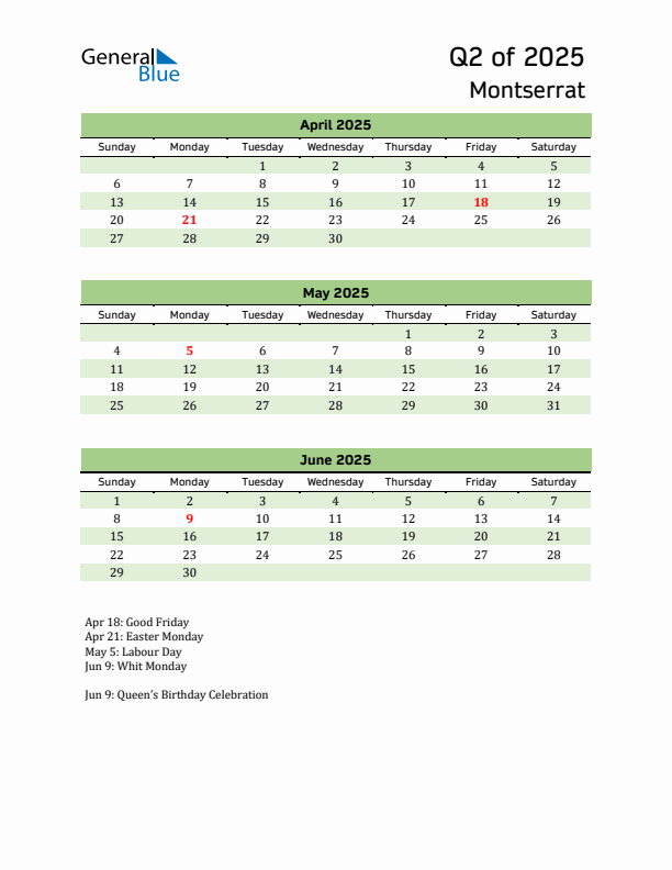Quarterly Calendar 2025 with Montserrat Holidays