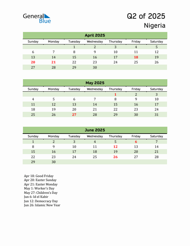 Quarterly Calendar 2025 with Nigeria Holidays