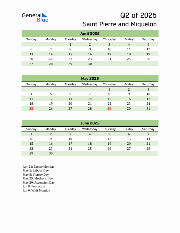 Quarterly Calendar 2025 with Saint Pierre and Miquelon Holidays