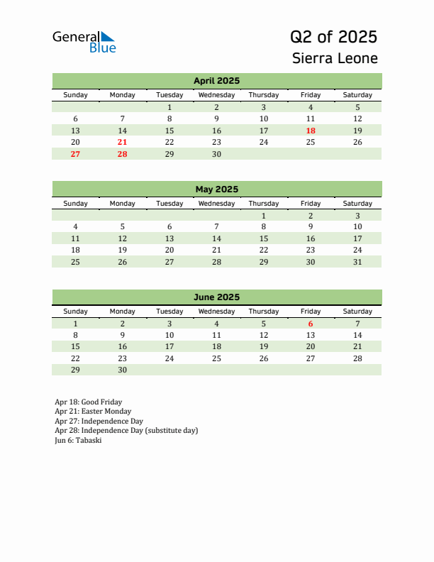 Quarterly Calendar 2025 with Sierra Leone Holidays
