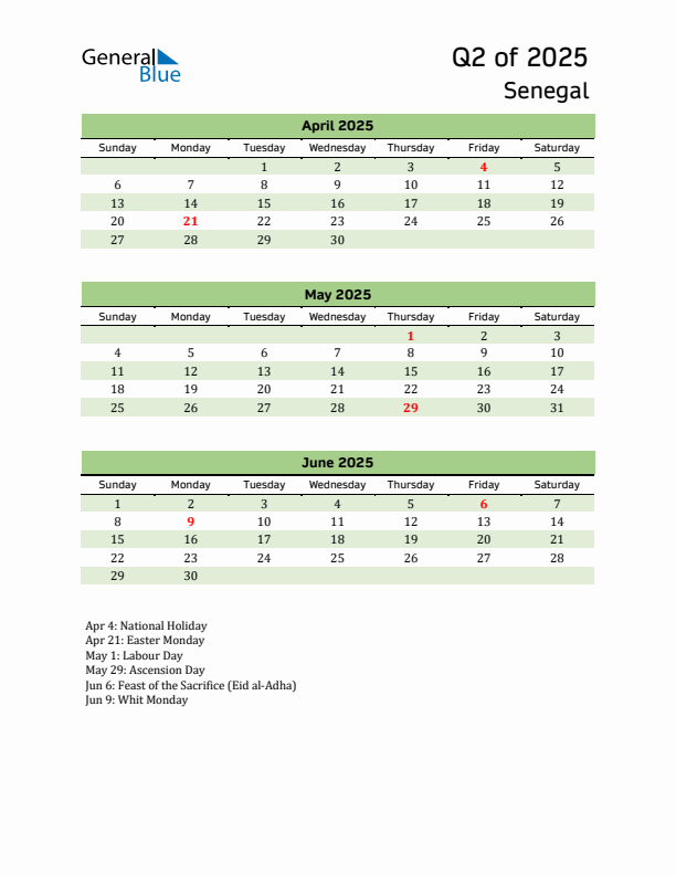 Quarterly Calendar 2025 with Senegal Holidays