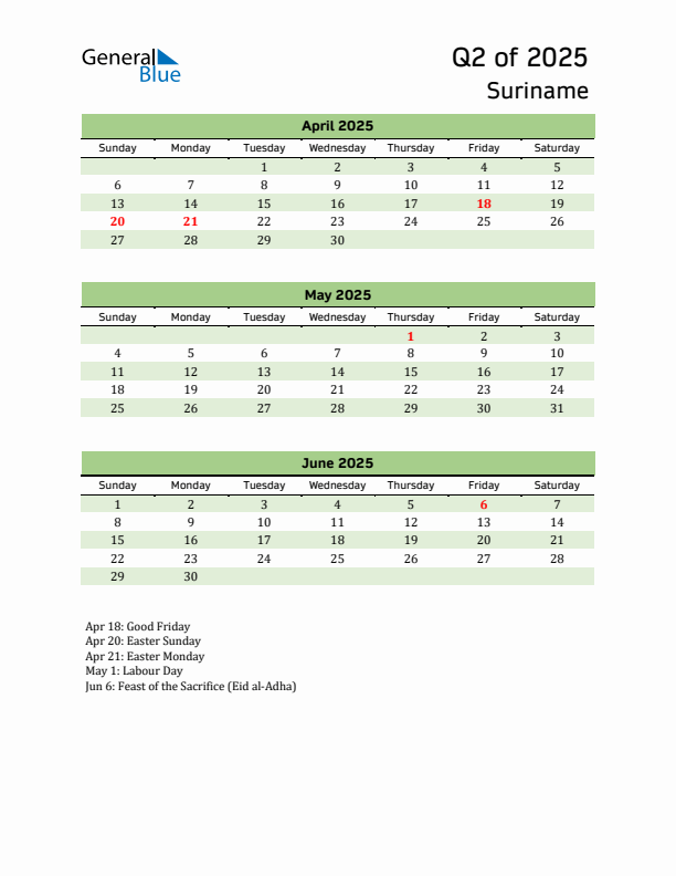 Quarterly Calendar 2025 with Suriname Holidays