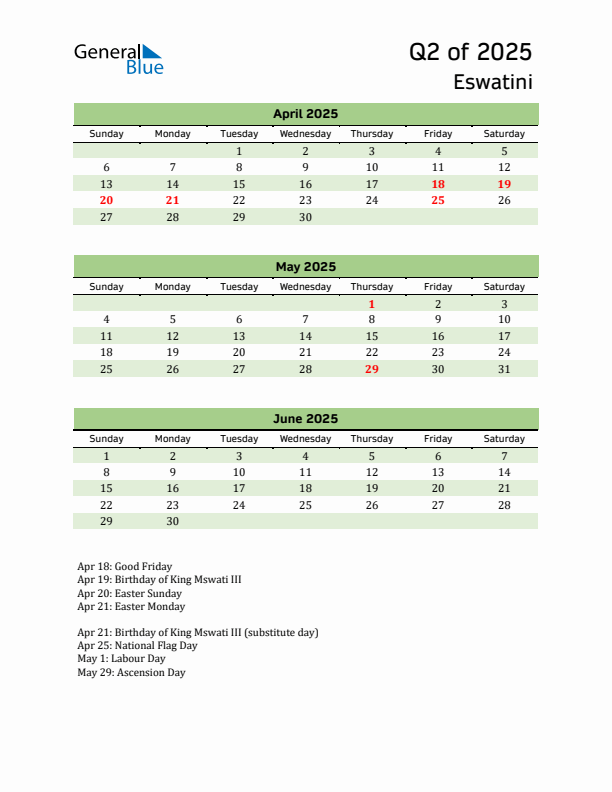 Quarterly Calendar 2025 with Eswatini Holidays