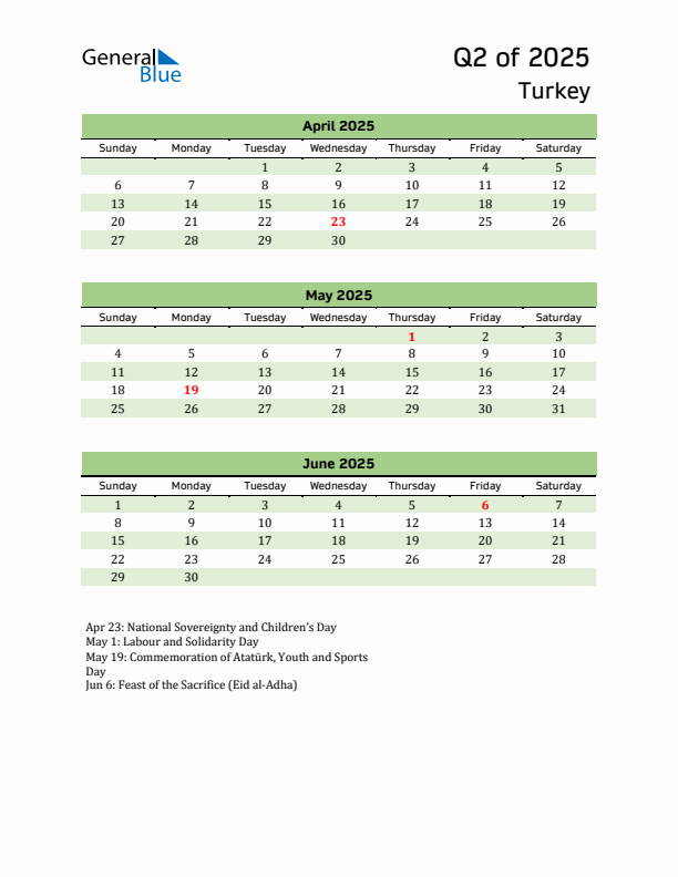 Quarterly Calendar 2025 with Turkey Holidays