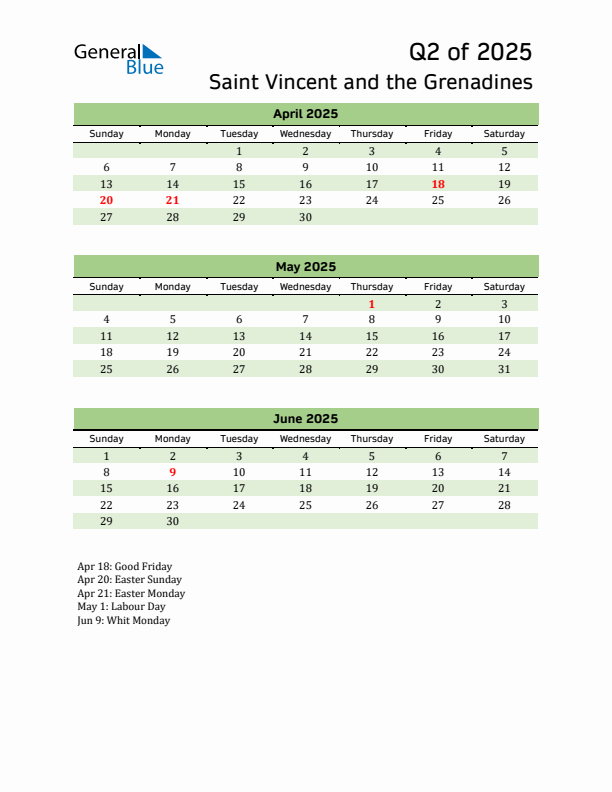 Quarterly Calendar 2025 with Saint Vincent and the Grenadines Holidays