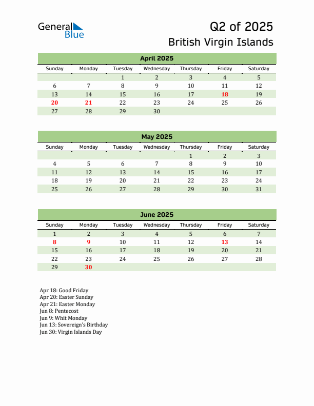 Quarterly Calendar 2025 with British Virgin Islands Holidays