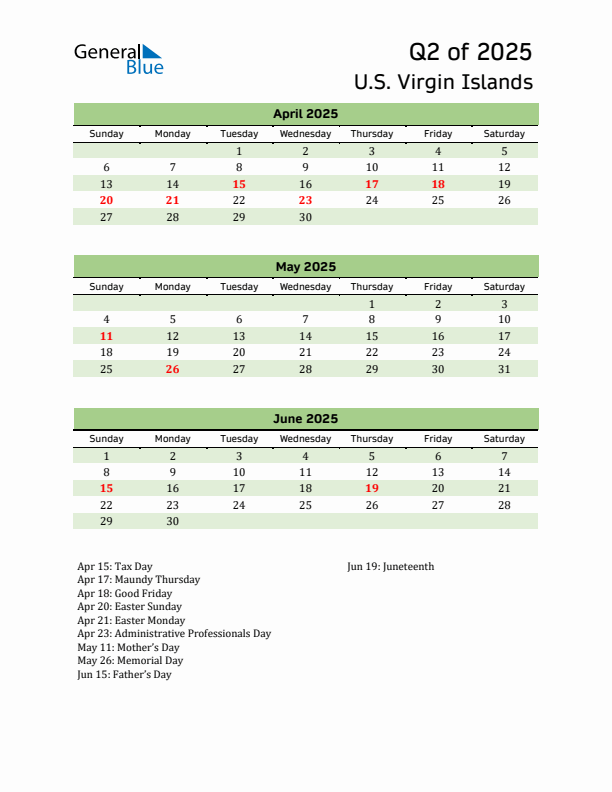Quarterly Calendar 2025 with U.S. Virgin Islands Holidays