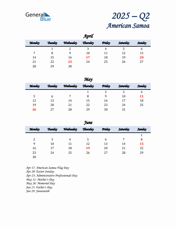 April, May, and June Calendar for American Samoa with Monday Start