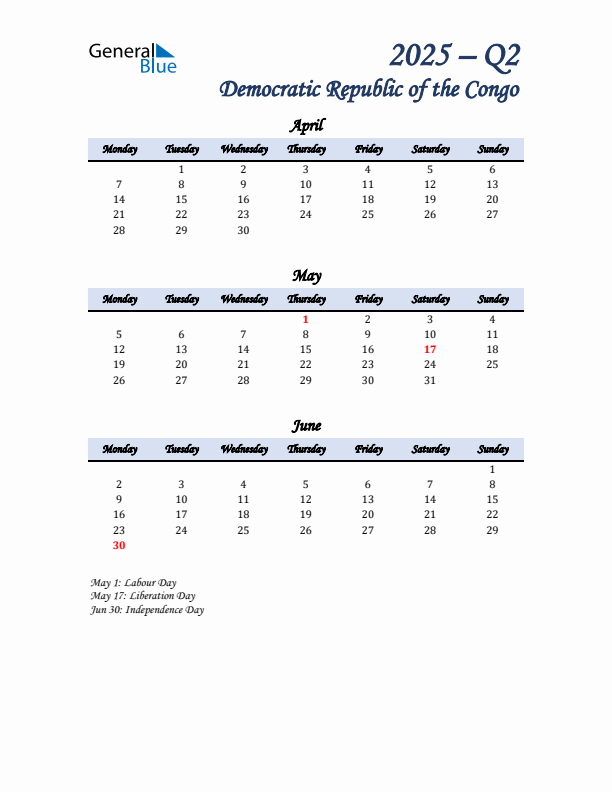April, May, and June Calendar for Democratic Republic of the Congo with Monday Start