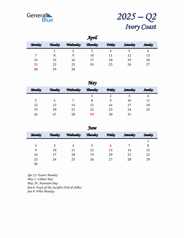 April, May, and June Calendar for Ivory Coast with Monday Start