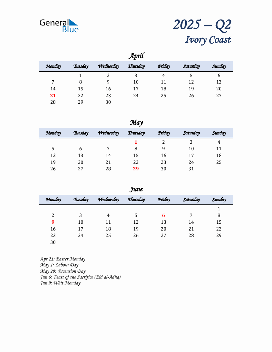 April, May, and June 2025 Calendar for Ivory Coast - Monday Start