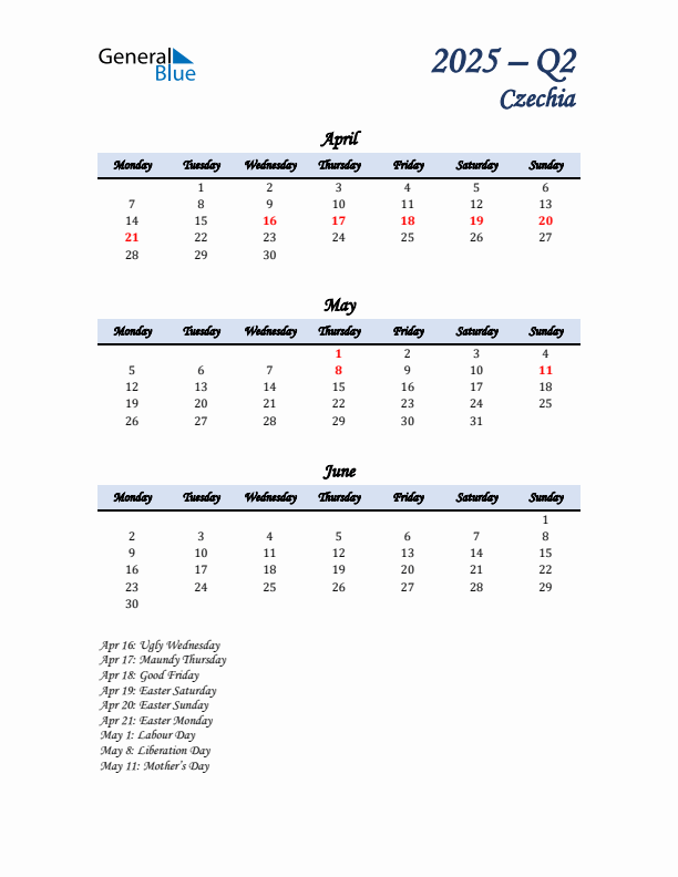 April, May, and June Calendar for Czechia with Monday Start