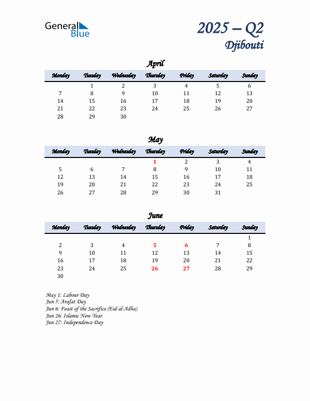 April, May, and June Calendar for Djibouti with Monday Start