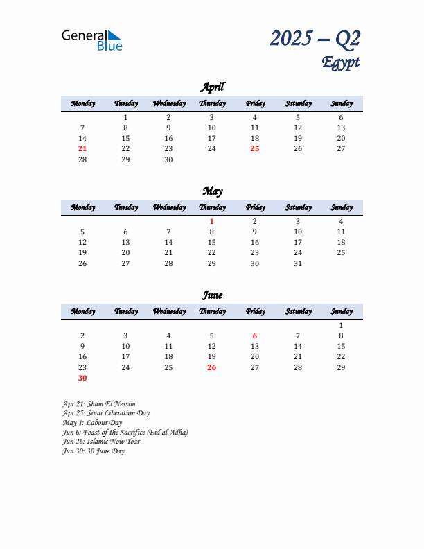 April, May, and June Calendar for Egypt with Monday Start