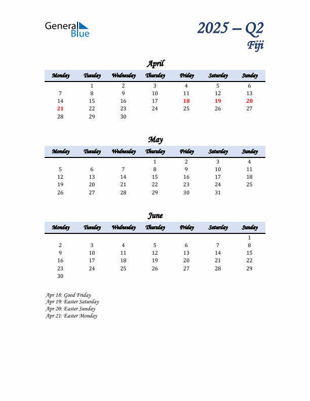 April, May, and June Calendar for Fiji with Monday Start