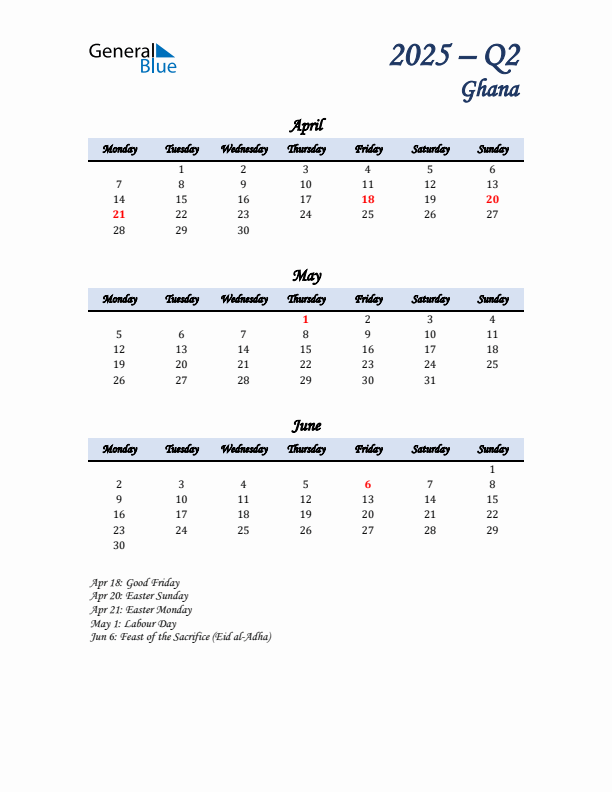 April, May, and June Calendar for Ghana with Monday Start